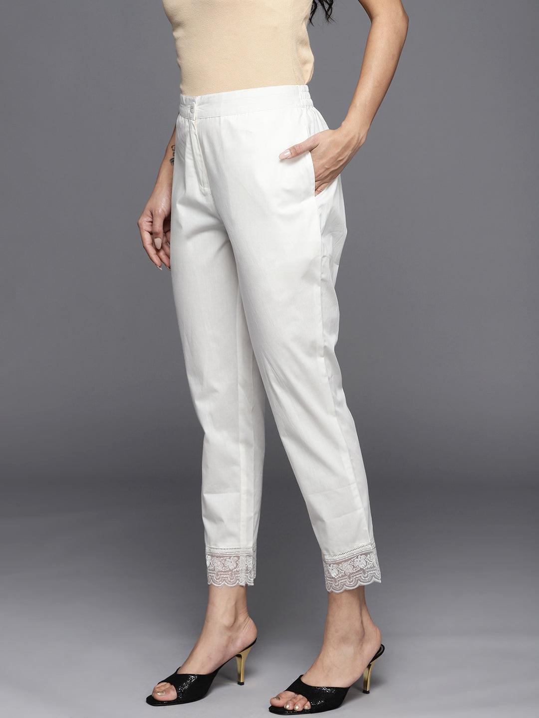 Off White Solid Cotton Trousers - ShopLibas