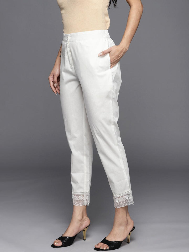 Off White Solid Cotton Trousers