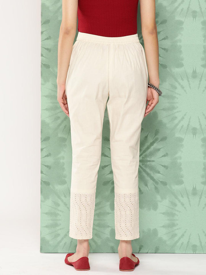 Off White Solid Cotton Trousers