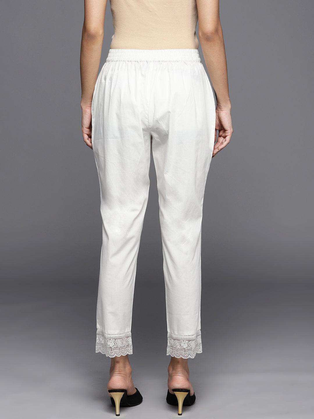 Off White Solid Cotton Trousers - ShopLibas