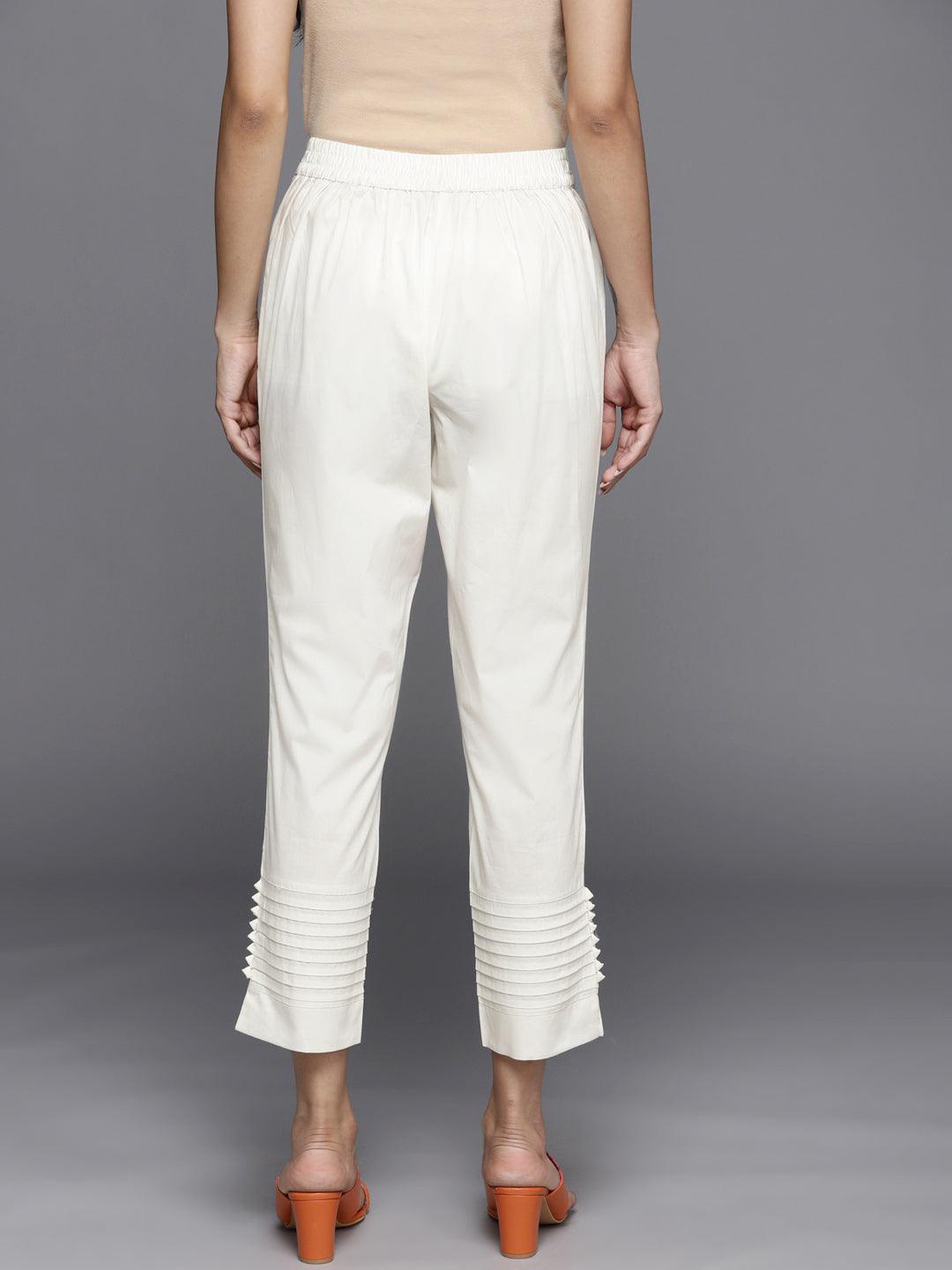 Off White Solid Cotton Trousers - ShopLibas