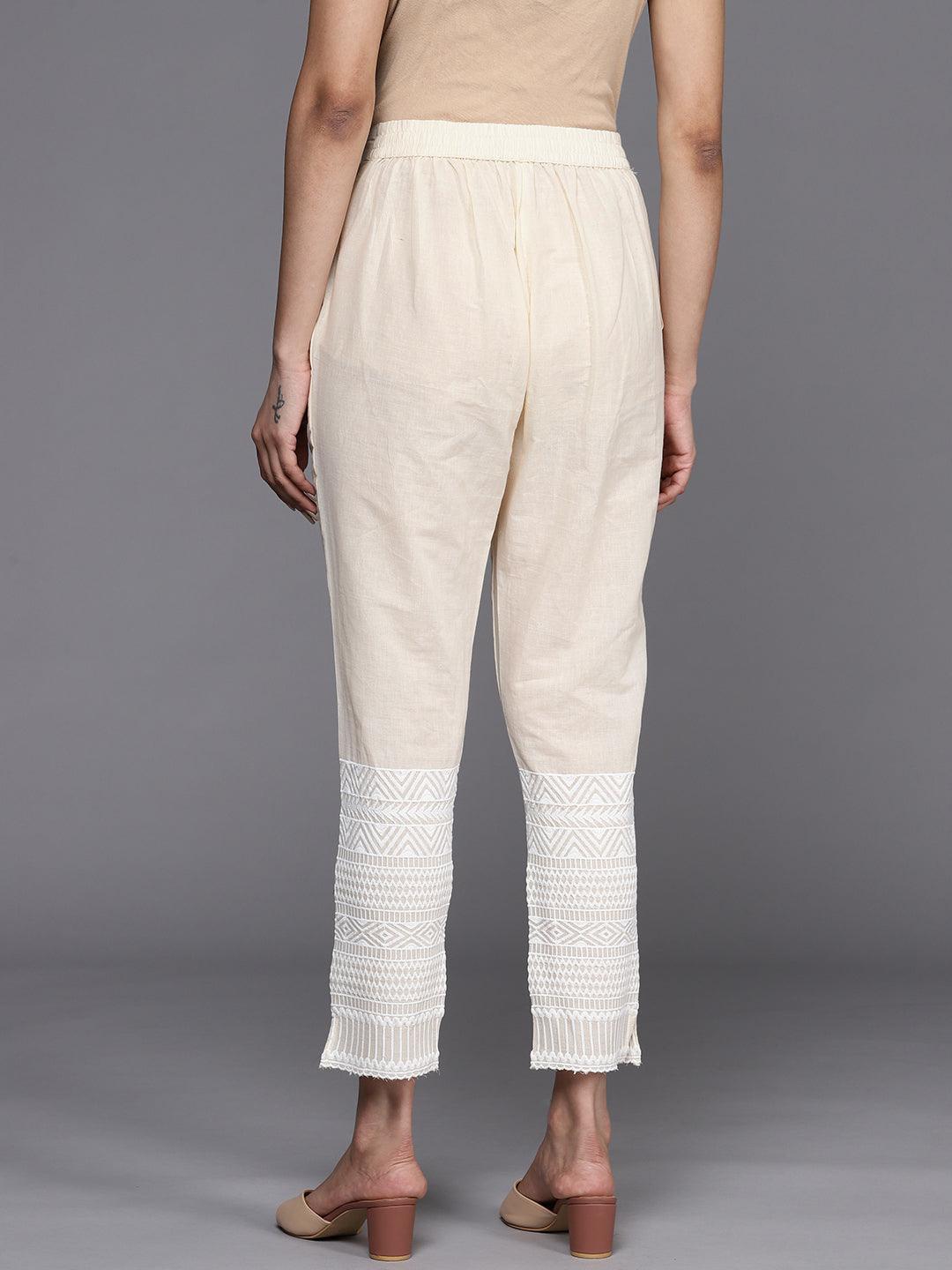 Off White Solid Cotton Trousers - ShopLibas