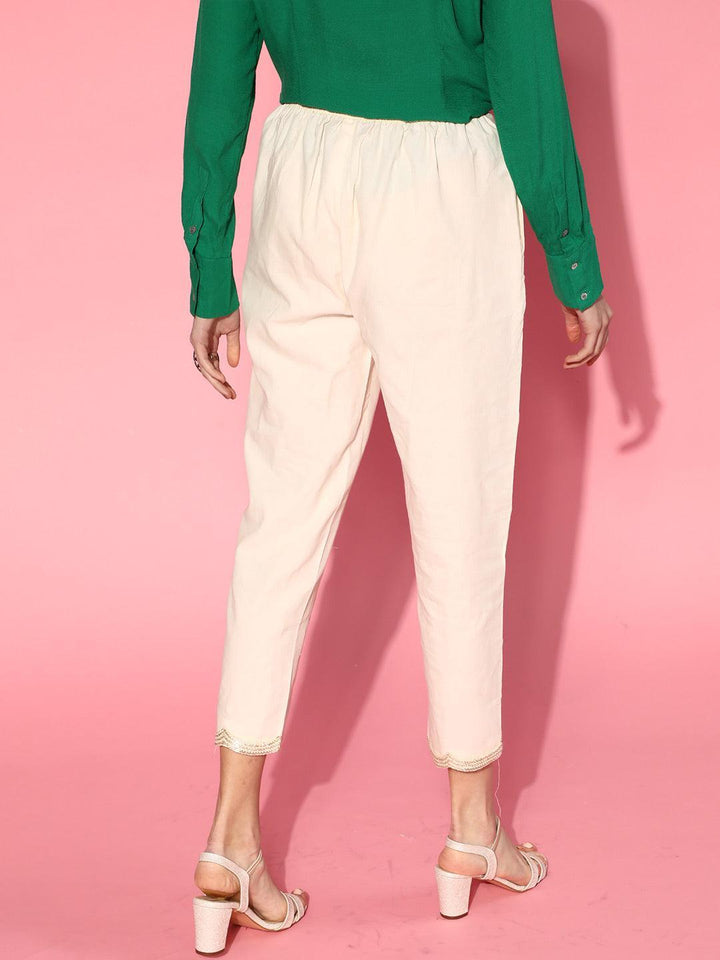 Off White Solid Cotton Trousers
