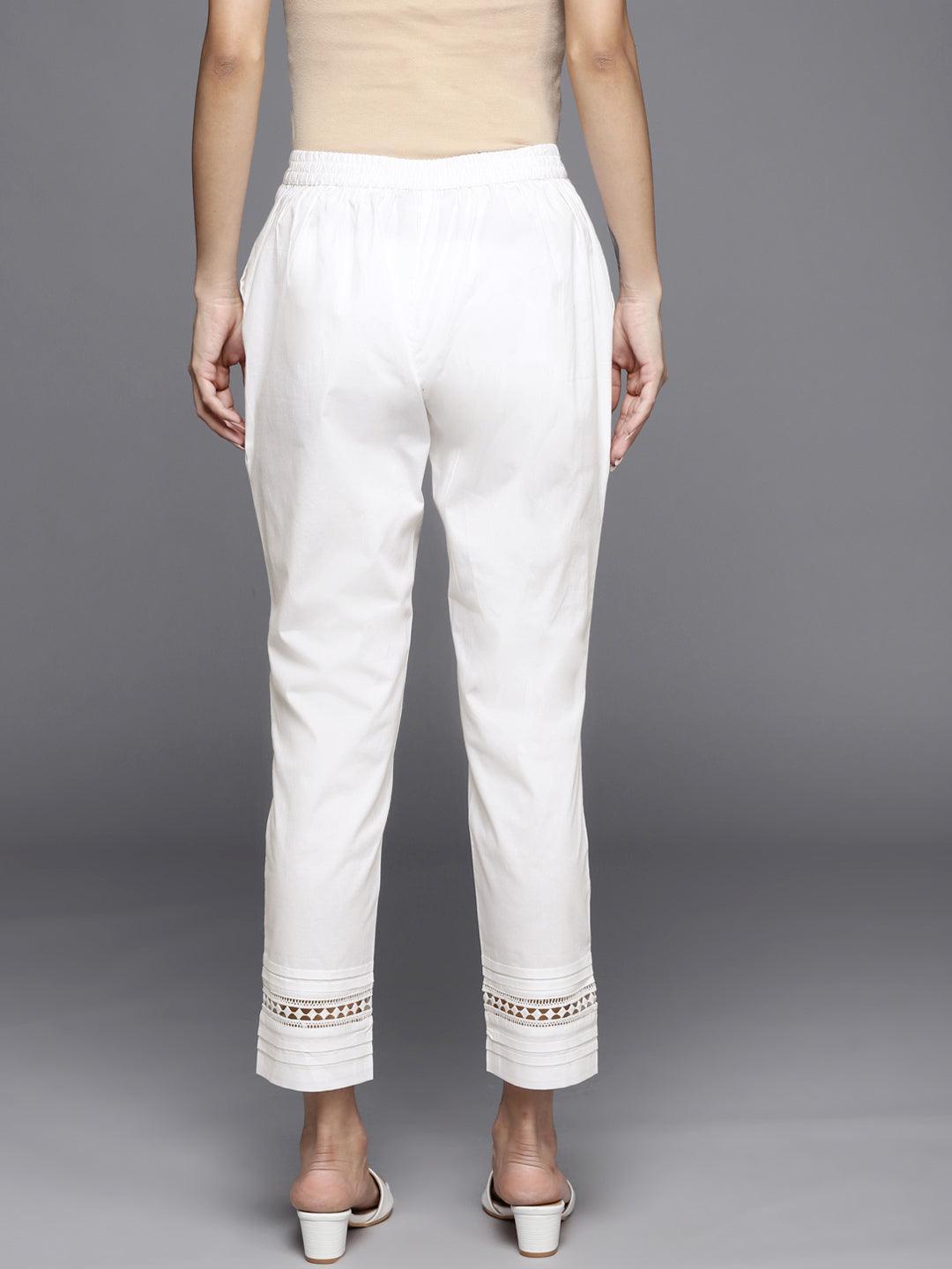 Off White Solid Cotton Trousers - ShopLibas