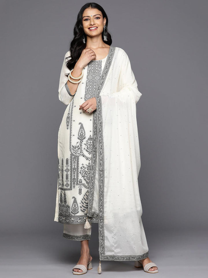 Off White Woven Design Silk Blend Straight Kurta With Trousers & Dupatta