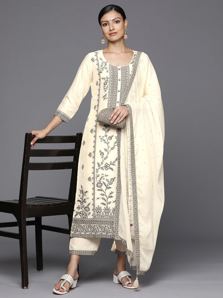 Off White Woven Design Silk Blend Straight Kurta With Trousers & Dupatta