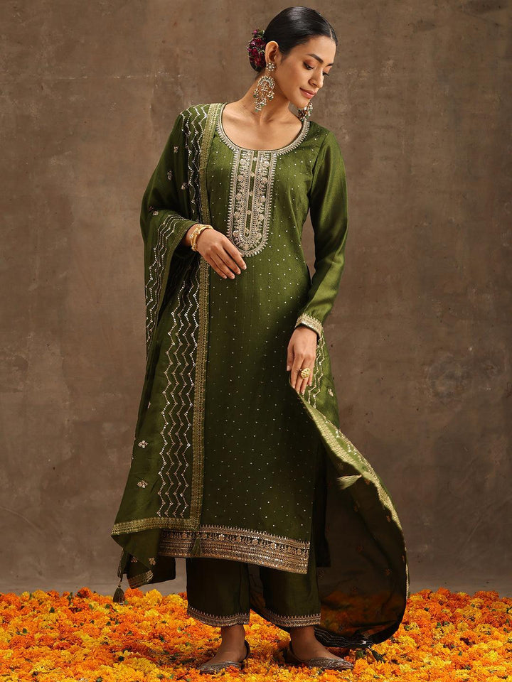 Olive Embroidered Silk Blend Suit Set With Trousers
