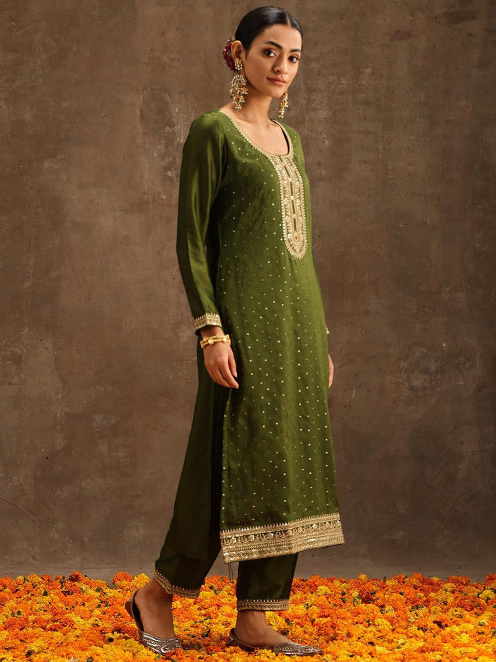 Olive Embroidered Silk Blend Suit Set With Trousers