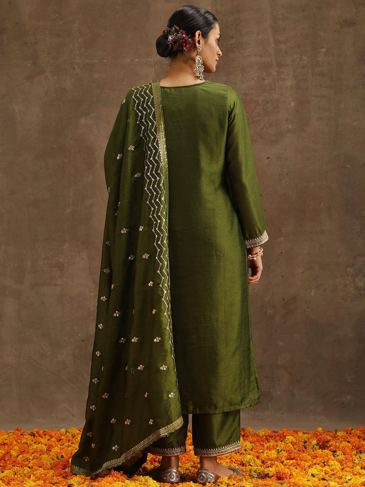 Olive Embroidered Silk Blend Suit Set With Trousers
