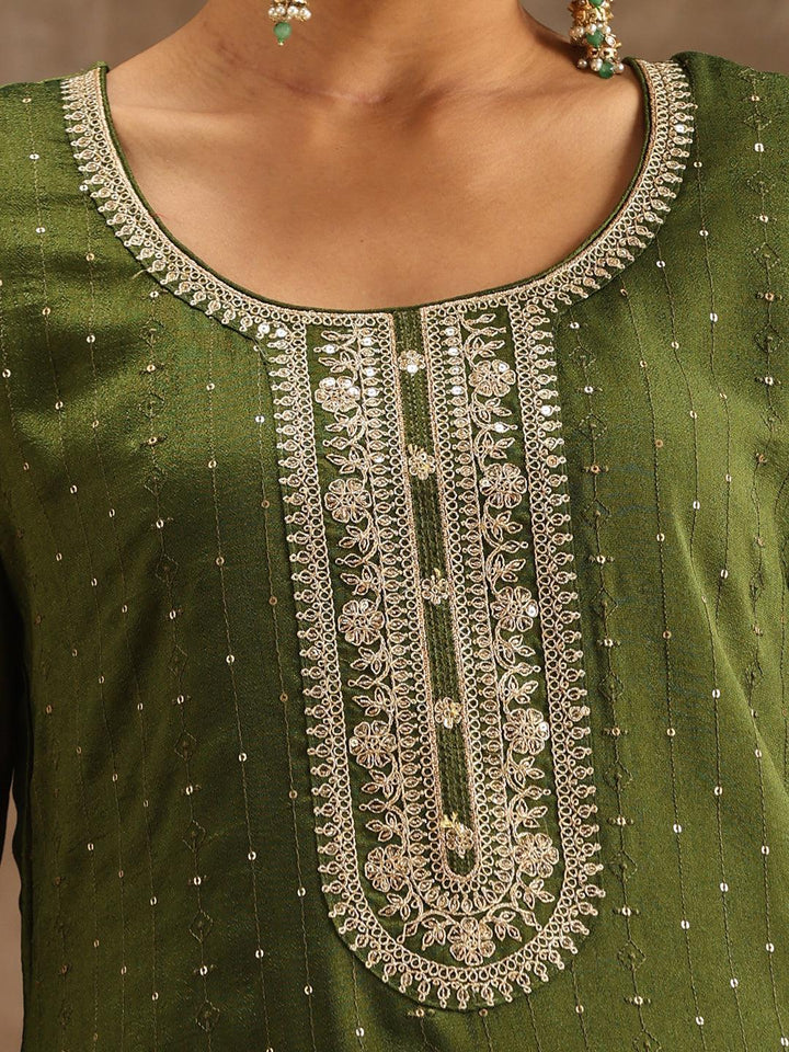 Olive Embroidered Silk Blend Suit Set With Trousers