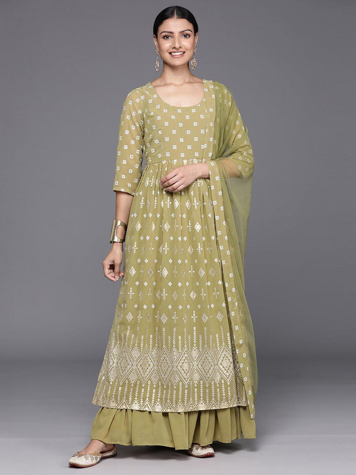 Olive Printed Georgette A-Line Kurta With Palazzos & Dupatta
