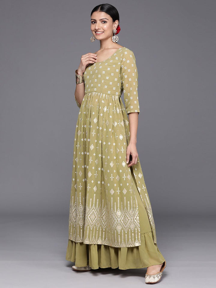 Olive Printed Georgette A-Line Kurta With Palazzos & Dupatta