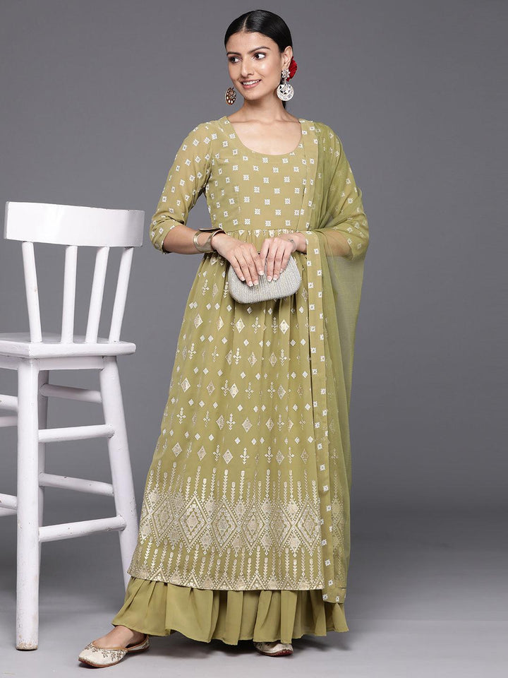 Olive Printed Georgette A-Line Kurta With Palazzos & Dupatta