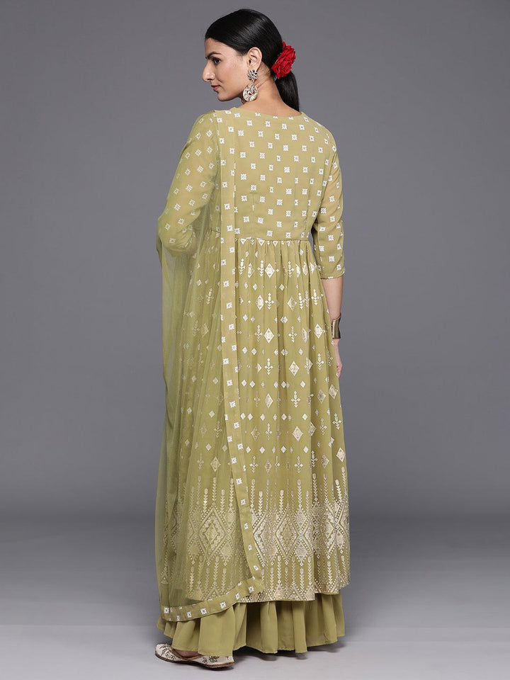 Olive Printed Georgette A-Line Kurta With Palazzos & Dupatta