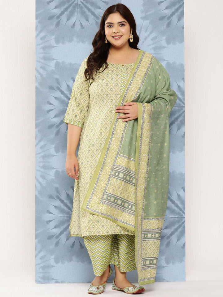 Olive Printed Rayon Straight Kurta With Trousers and Dupatta