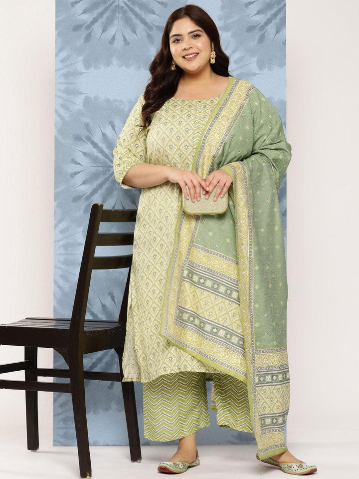 Olive Printed Rayon Straight Kurta With Trousers and Dupatta