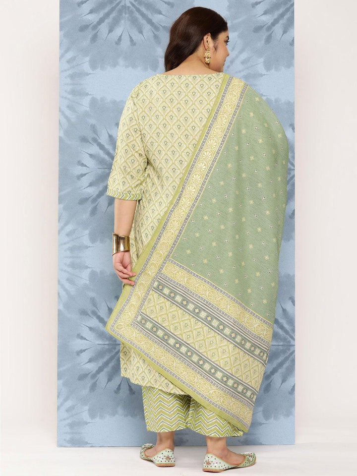 Olive Printed Rayon Straight Kurta With Trousers and Dupatta