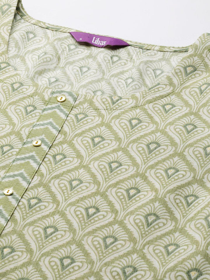 Olive Printed Rayon Straight Kurta With Trousers & Dupatta