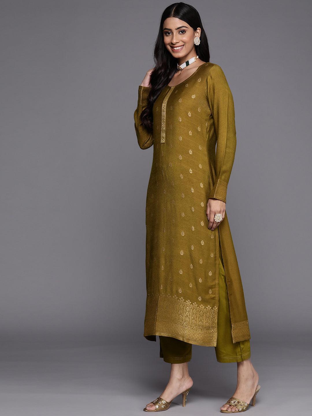 Olive Self Design Pashmina Wool Straight Suit Set - ShopLibas