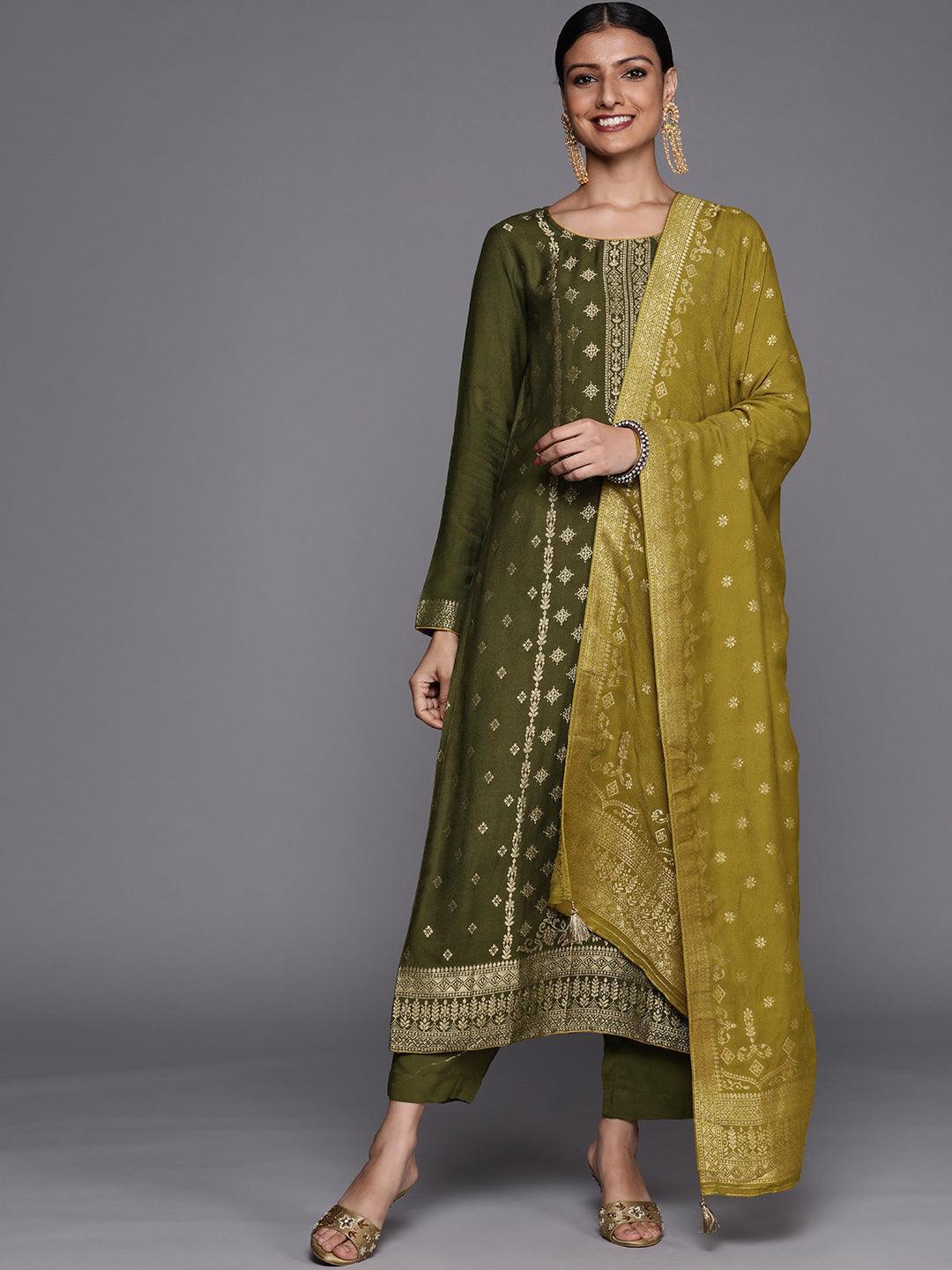 Olive Self Design Pashmina Wool Straight Suit Set - ShopLibas