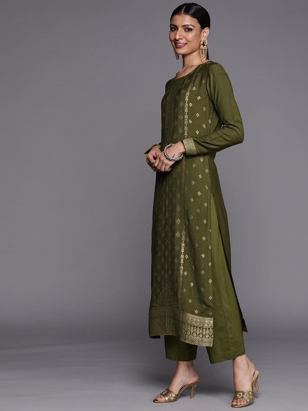 Olive Self Design Pashmina Wool Straight Suit Set - ShopLibas