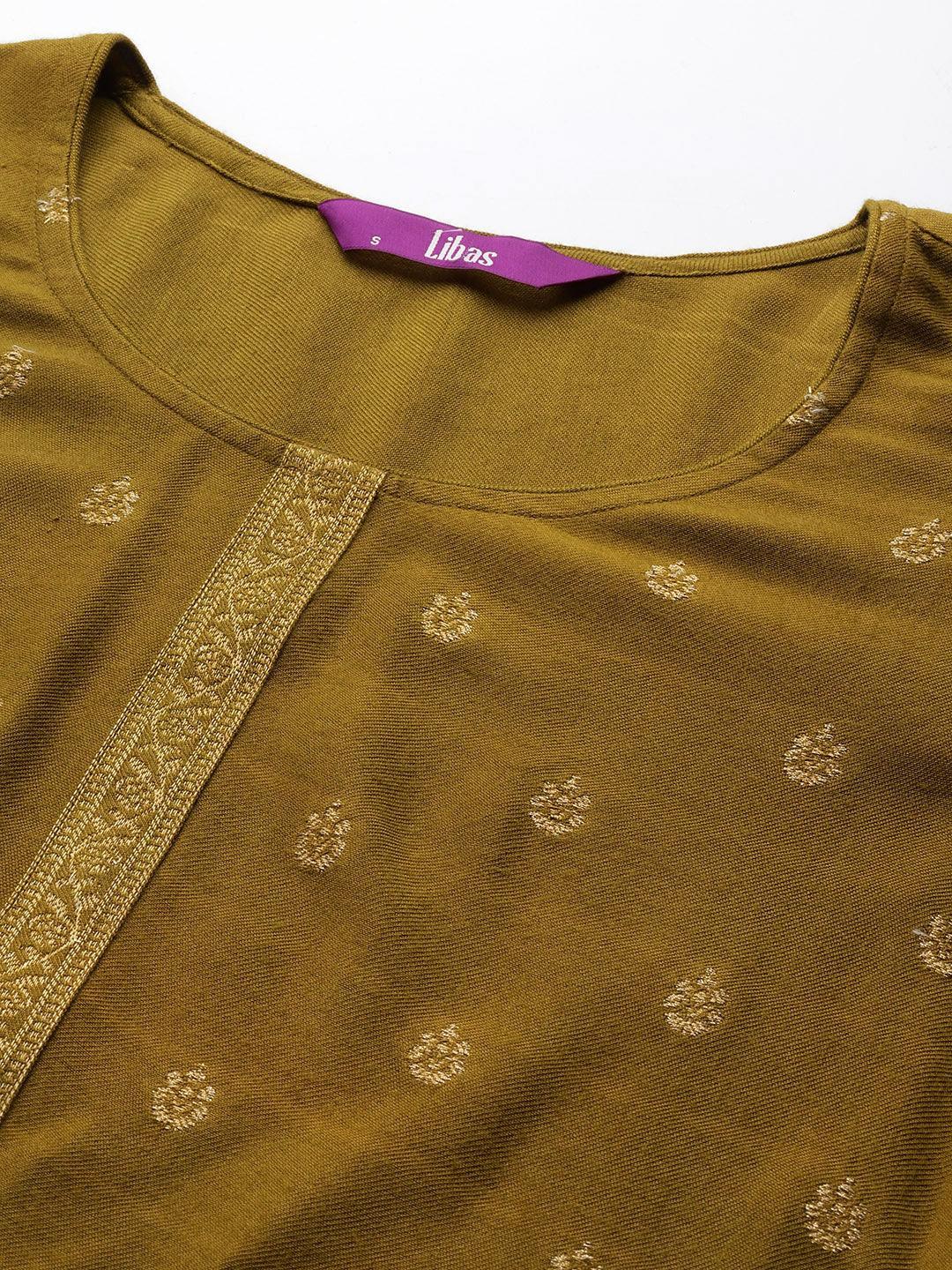 Olive Self Design Pashmina Wool Straight Suit Set - ShopLibas