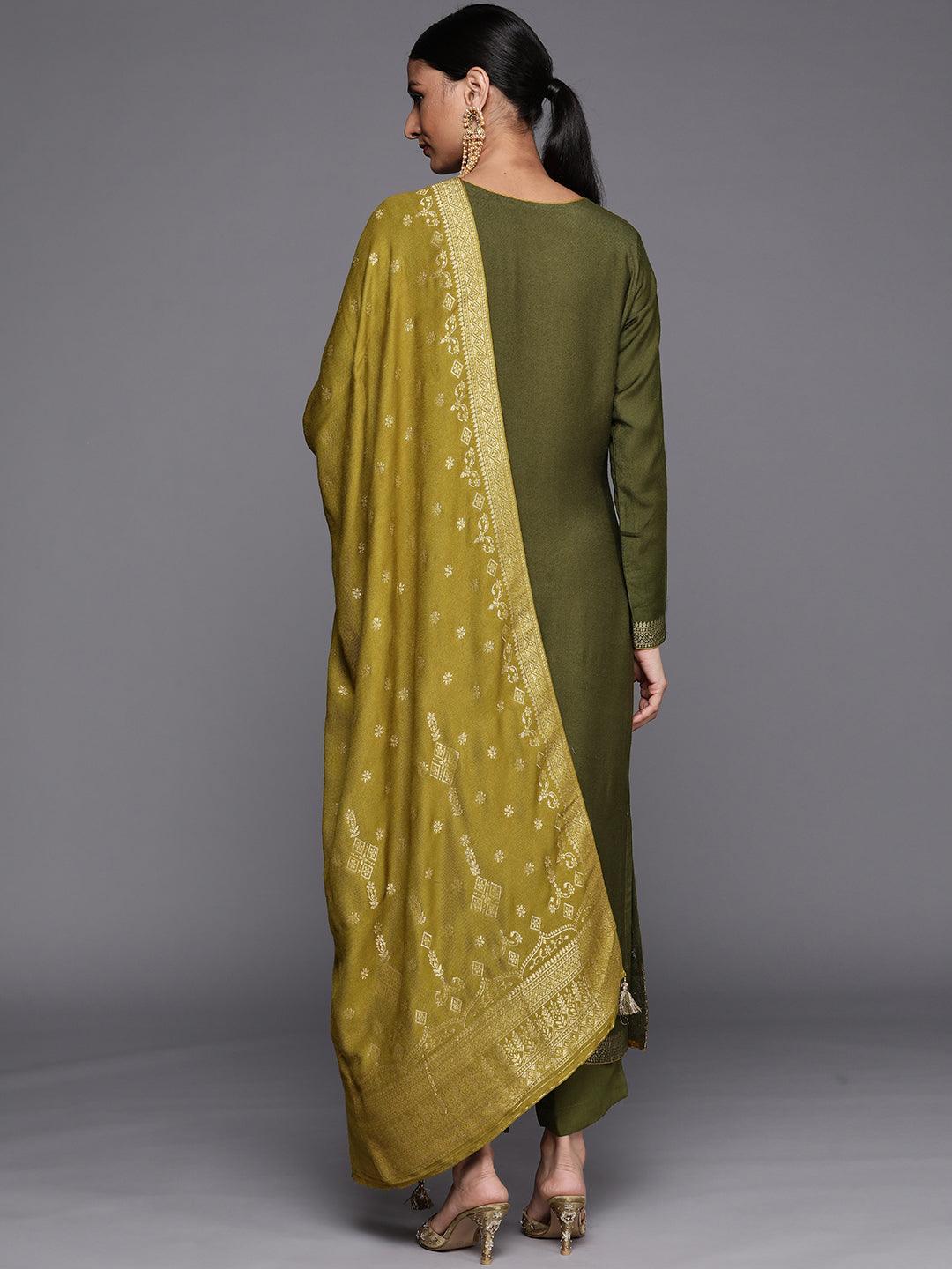 Olive Self Design Pashmina Wool Straight Suit Set - ShopLibas