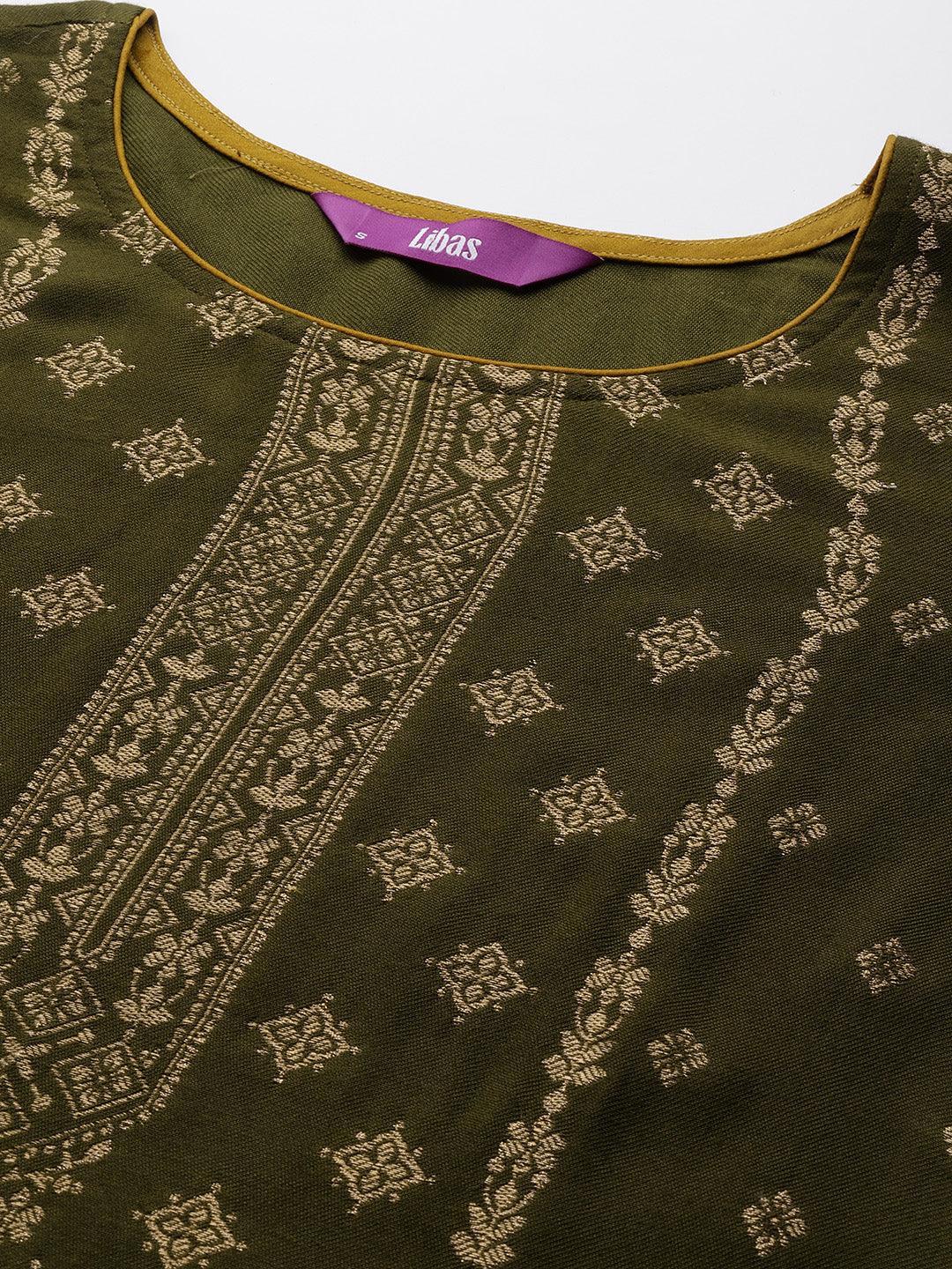 Olive Self Design Pashmina Wool Straight Suit Set - ShopLibas