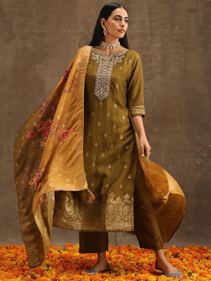 Olive Self Design Silk Suit Set With Trousers