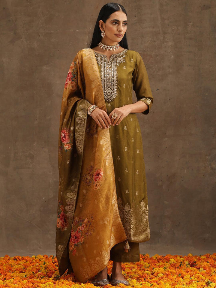 Olive Self Design Silk Suit Set With Trousers
