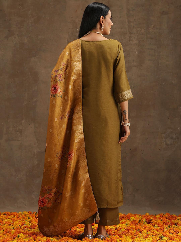 Olive Self Design Silk Suit Set With Trousers