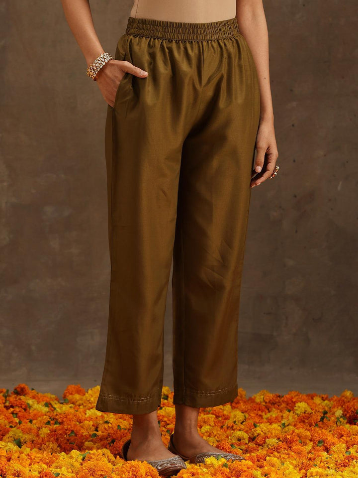 Olive Self Design Silk Suit Set With Trousers