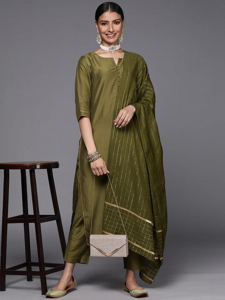 Olive Solid Silk Blend Straight Suit Set