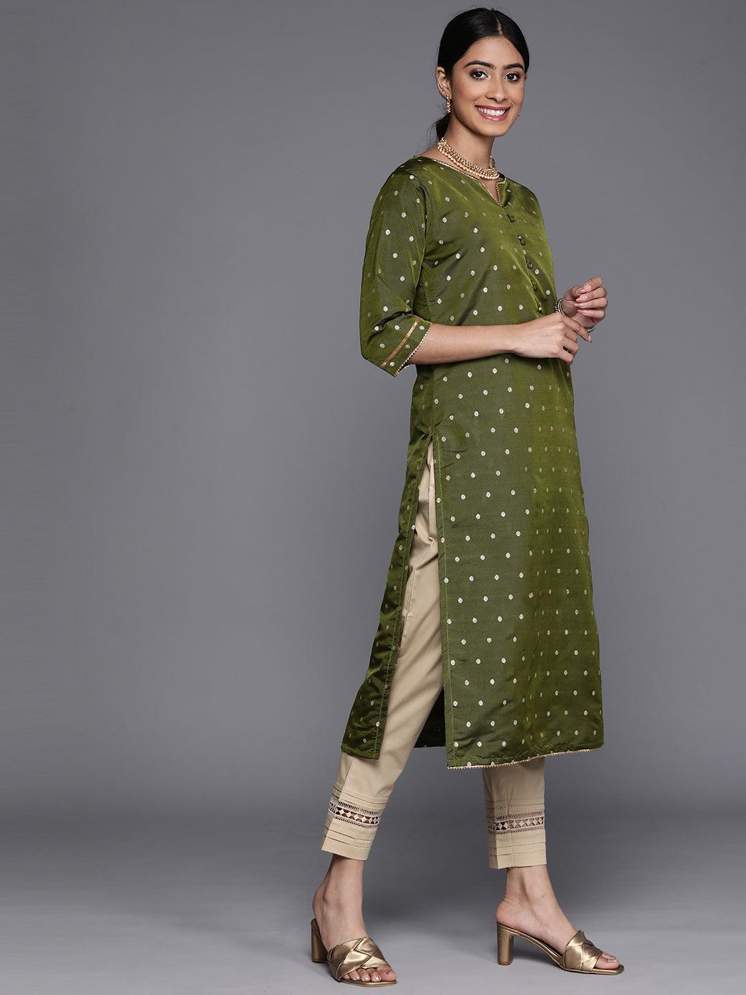 Olive Woven Design Art Silk Straight Kurta - ShopLibas