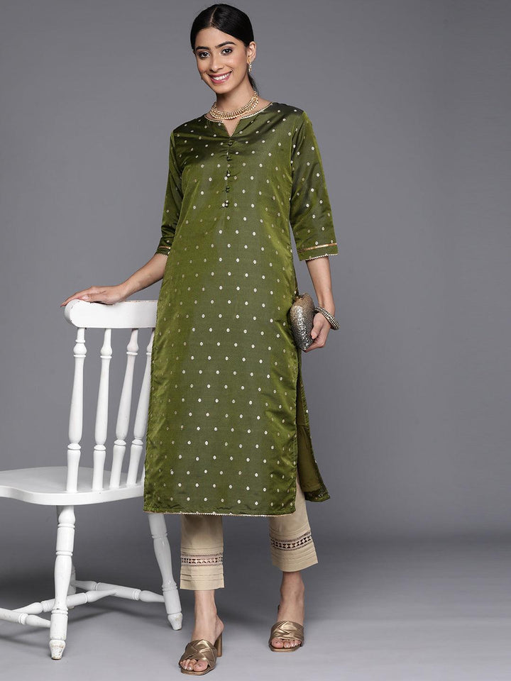 Olive Woven Design Art Silk Straight Kurta