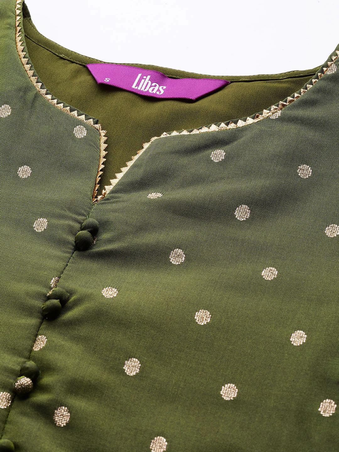 Olive Woven Design Art Silk Straight Kurta - ShopLibas