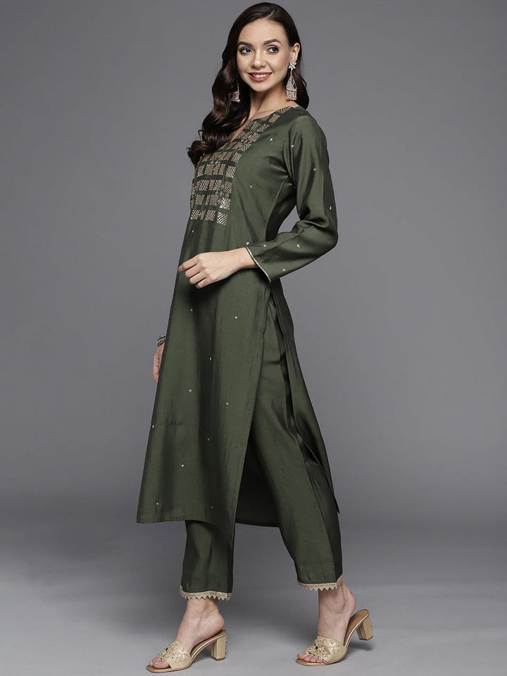 Olive Yoke Design Chanderi Silk Straight Suit Set