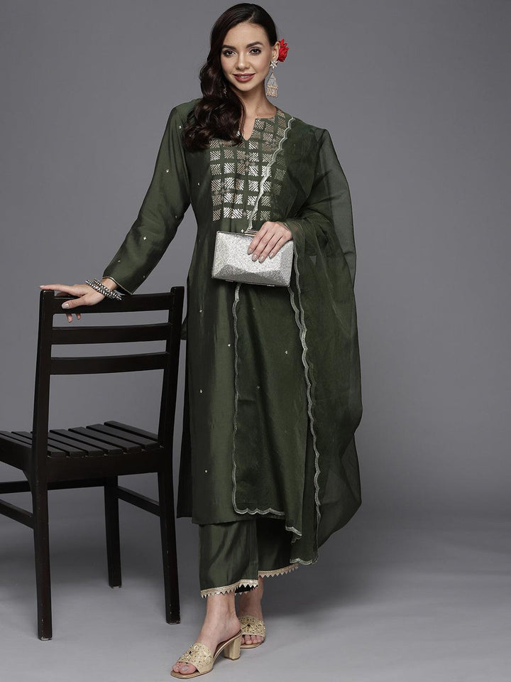 Olive Yoke Design Chanderi Silk Straight Suit Set