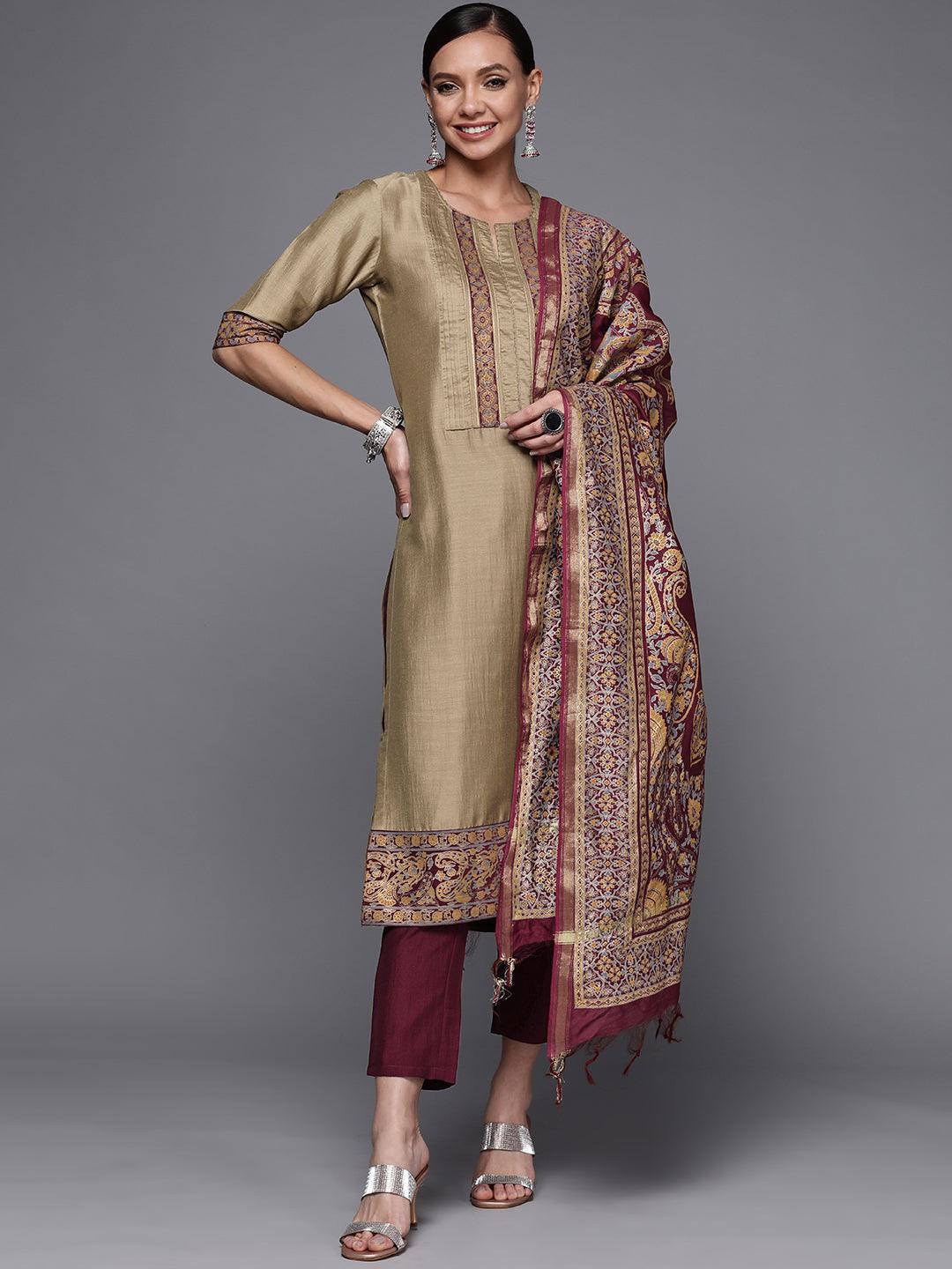 Olive Yoke Design Silk Blend Straight Suit Set - ShopLibas