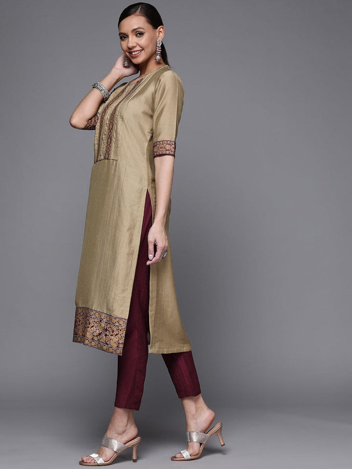 Olive Yoke Design Silk Blend Straight Suit Set