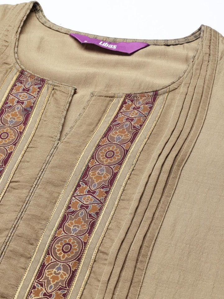 Olive Yoke Design Silk Blend Straight Suit Set