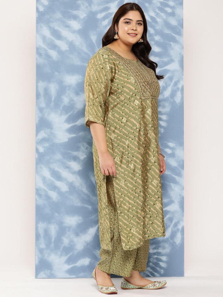 Olive Yoke Design Silk Blend Straight Kurta With Trousers and Dupatta