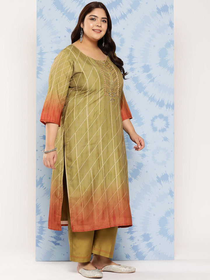 Olive Yoke Design Silk Blend Straight Kurta With Trousers and Dupatta