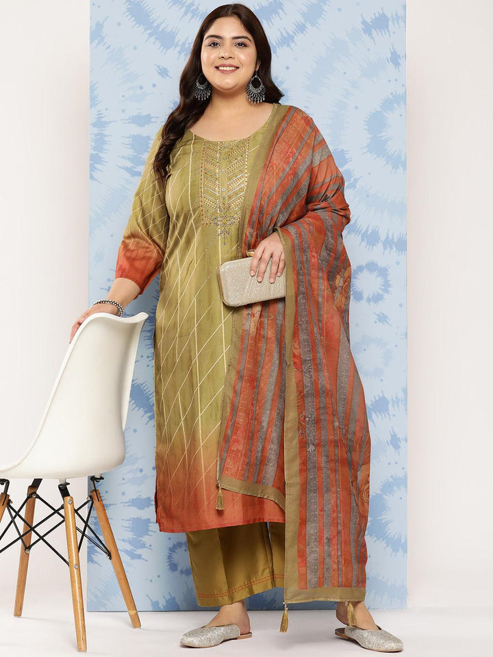 Olive Yoke Design Silk Blend Straight Kurta With Trousers and Dupatta