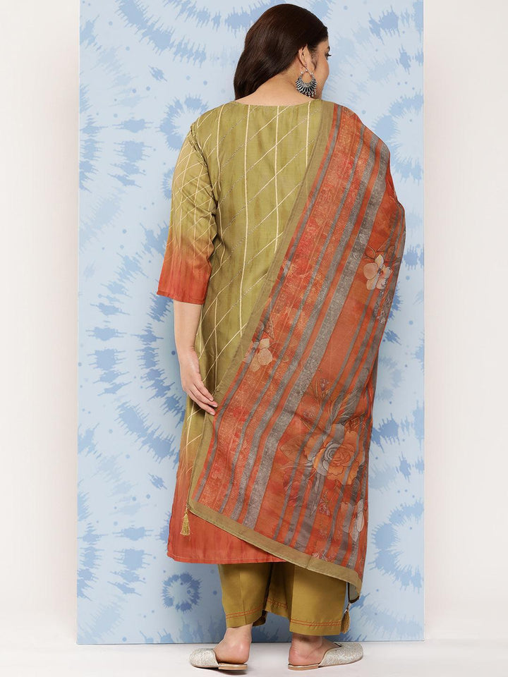 Olive Yoke Design Silk Blend Straight Kurta With Trousers and Dupatta