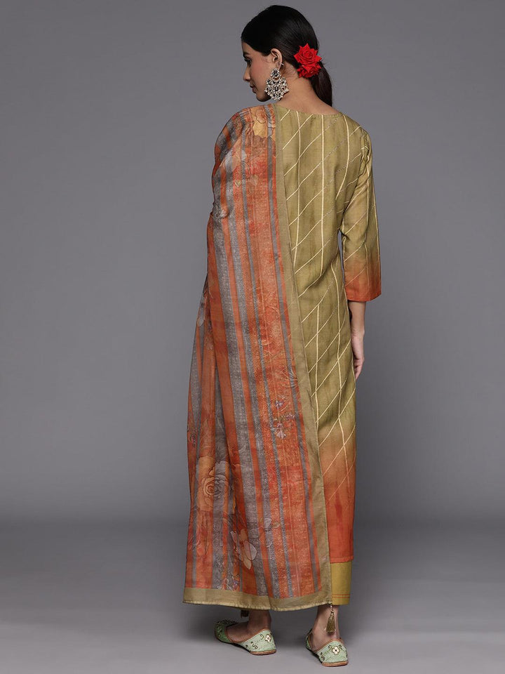 Olive Yoke Design Silk Blend Suit Set With Trousers