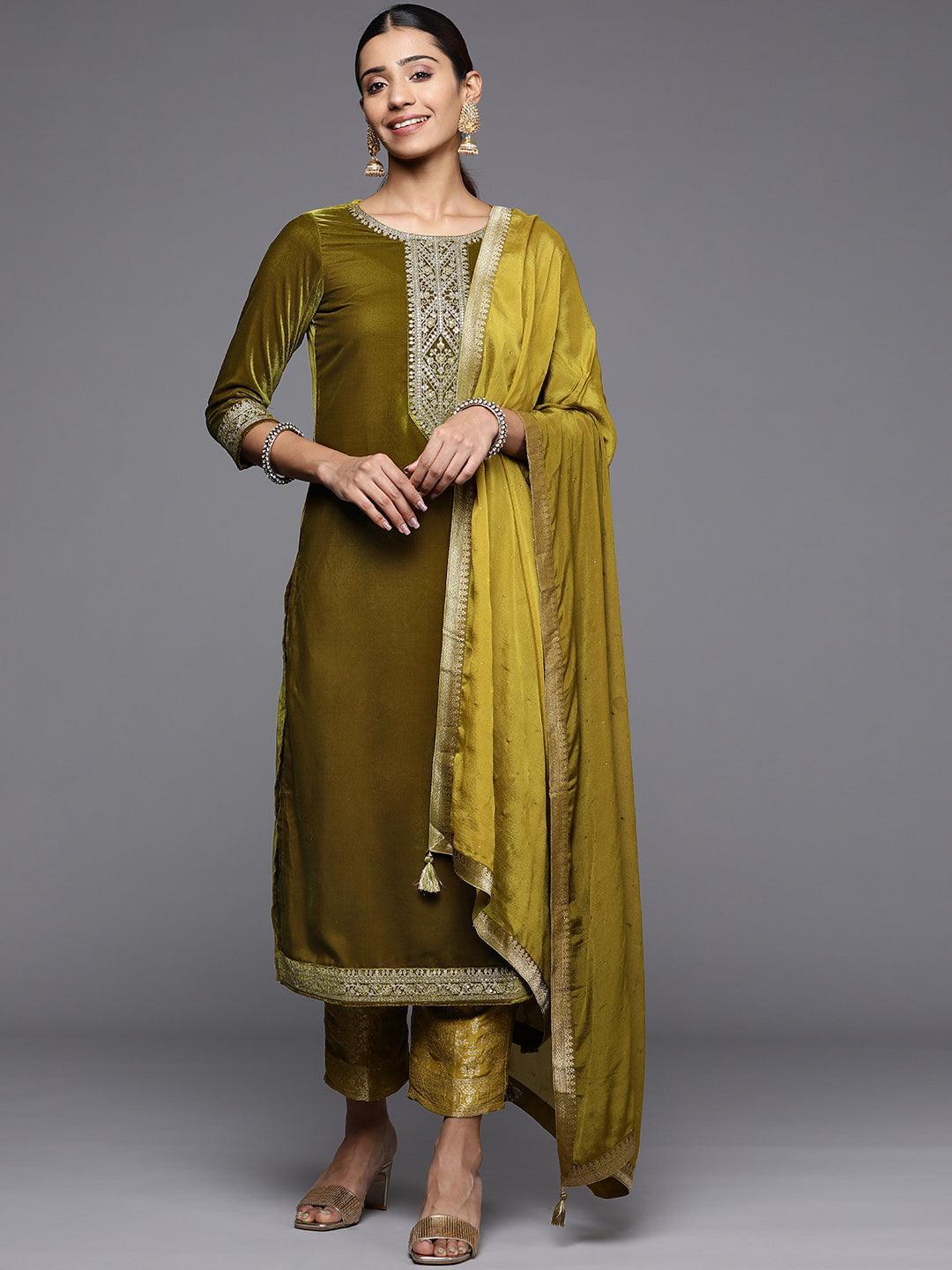 Olive Yoke Design Velvet Straight Suit Set - ShopLibas