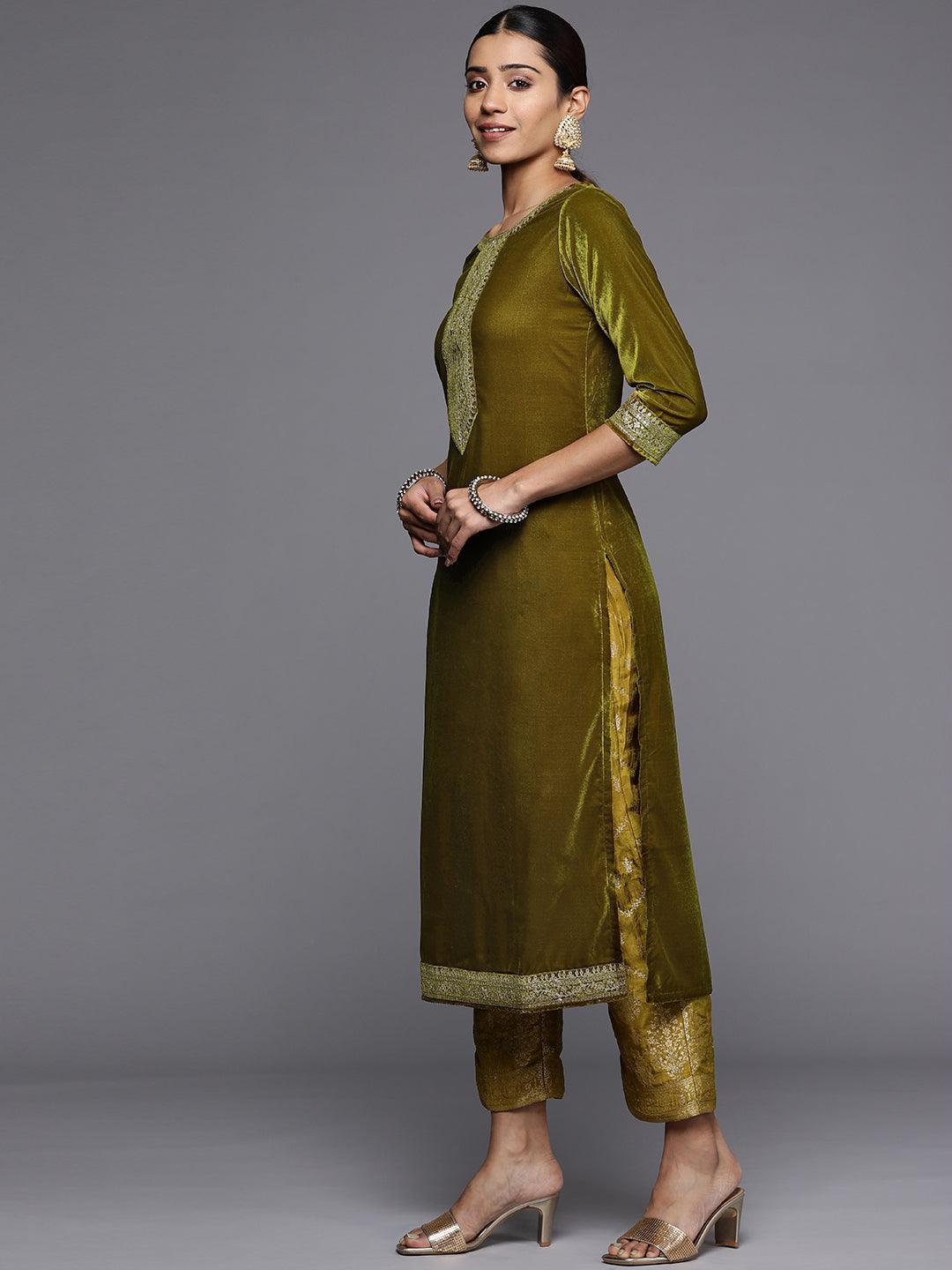 Olive Yoke Design Velvet Straight Suit Set - ShopLibas