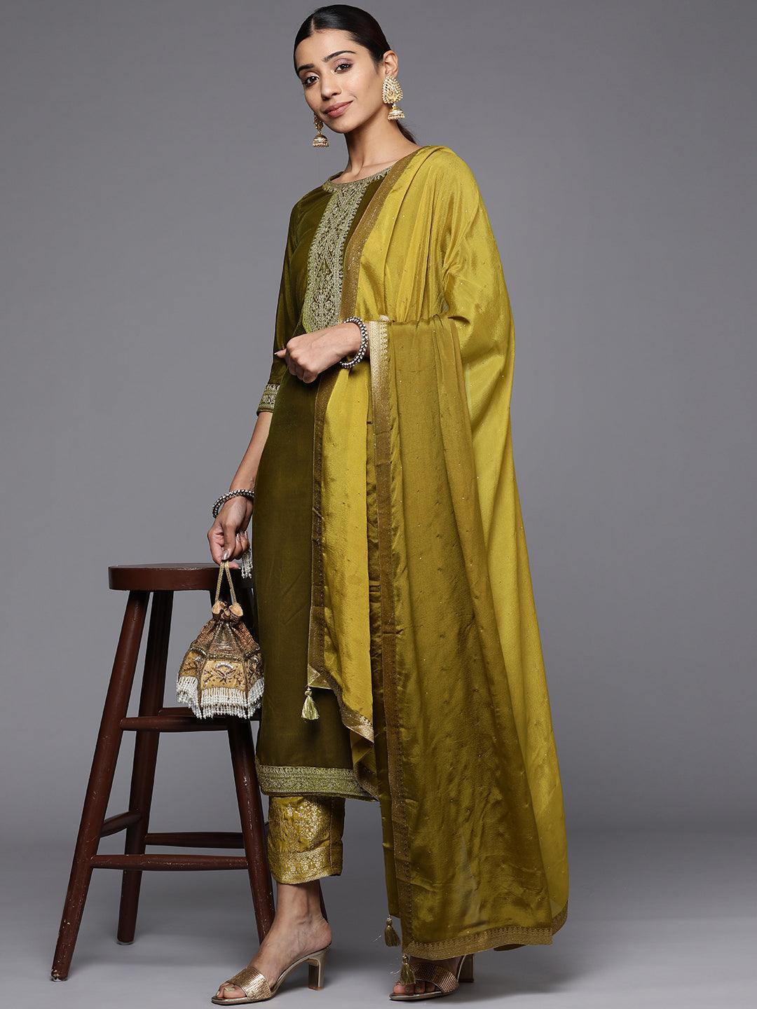 Olive Yoke Design Velvet Straight Suit Set - ShopLibas