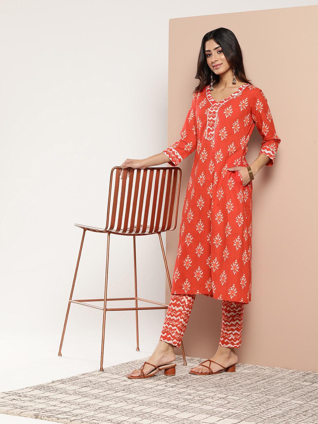 Orange Printed Cotton A-Line Kurta - ShopLibas